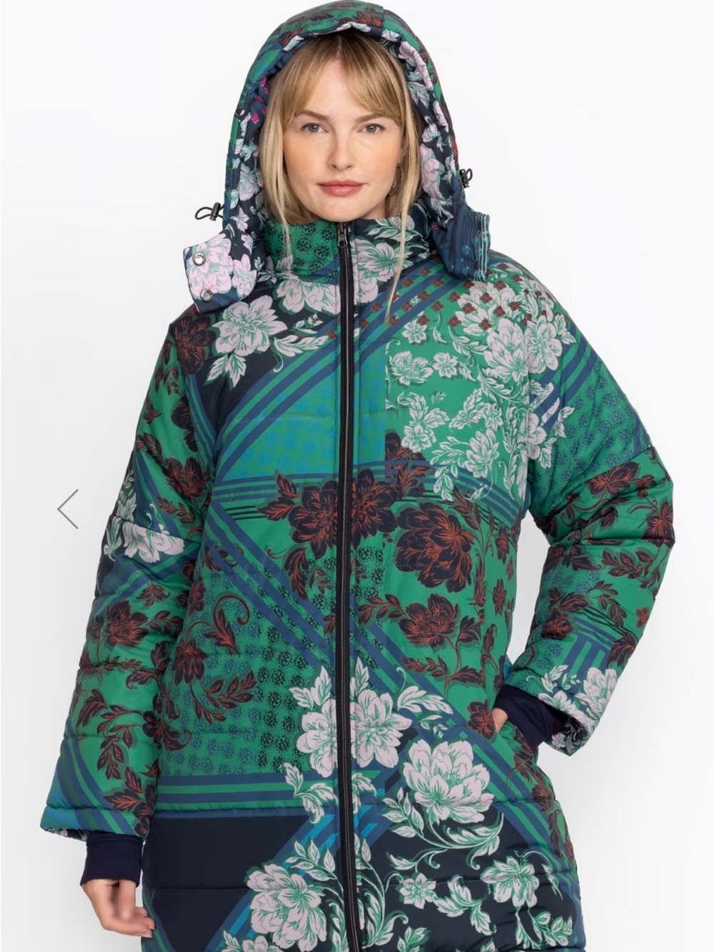 Johnny Was Reversible Quilted Floral Puffer Jacket in Teal, Pink and Cream